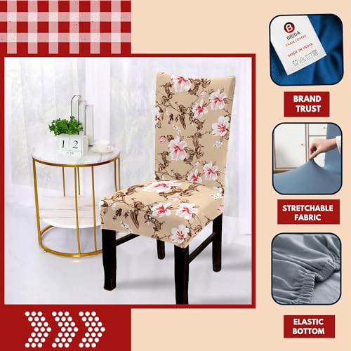 BRIDA® Polyester Spandex Stretchable Floral Geometric Printed Dining Chair Covers Elastic Chair Seat Case Protector, Slipcovers (6 Seater Table Cover + 6 Chair Cover, Beige Pink) - Image 2