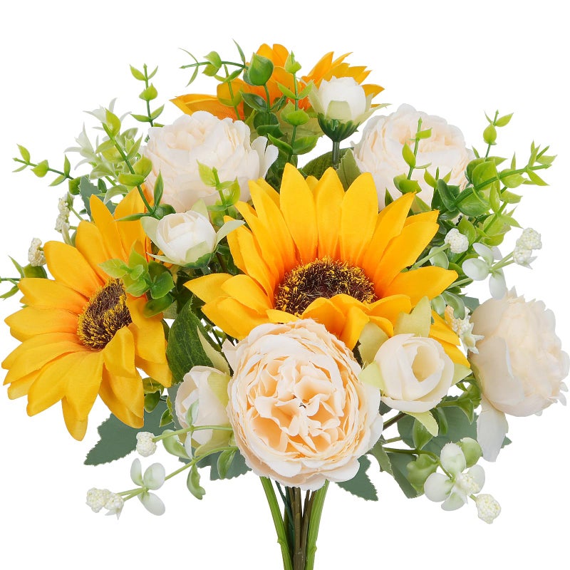HO2NLE Peonies Artificial Flowers, 5 Pcs Fake Flowers Sunflowers Small Silk Flowers Faux Florals Arrangements Fake Bouquet for Home Decor Indoor Table Centerpiece Bridal Wedding Decor 14inch - Image 1