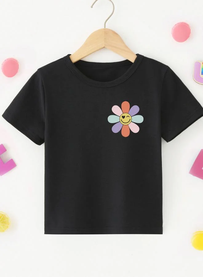 تايك تو Take Two Girls Black Flower Graphic Print T-Shirt