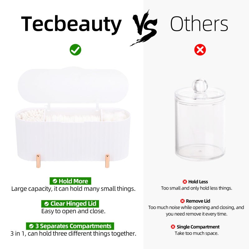 Tecbeauty Qtips Holder, 3-Grid Cotton Swab Dispenser, Ball Storage Box, Jar for Pads - White - Image 3