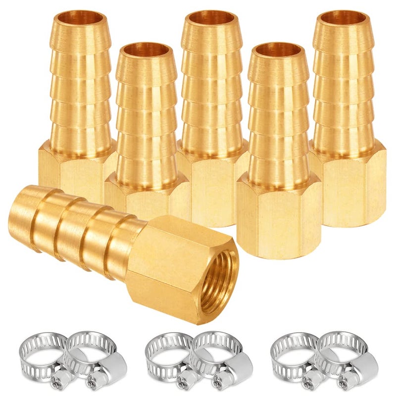 Uenede 6Pcs Solid Brass Thread Barb Hex Fittings 1/2""Npt Female X 5/8"" Barb Include 6 Stainless Steel Clamps - Image 1