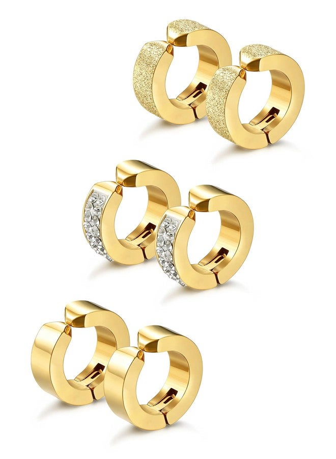 Jstyle 3 Pairs Stainless Steel Mens Womens Hoop Earrings Clip On CZ Non-Piercing G - Image 1