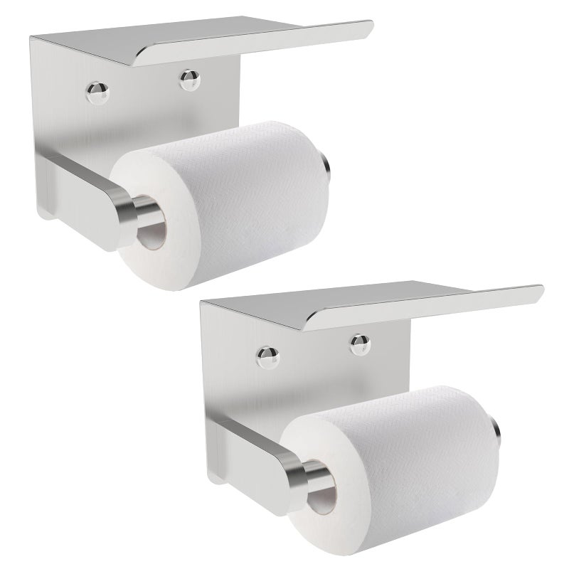 SetSail Toilet Paper Holder with Shelf Adhesive or Screw-in Bathroom Toilet Paper Roll Holders Wall Mount Brushed Nickel Heavy-Duty Tissue Holder for Bathroom Hardware Accessories, 2 Packs - Image 1