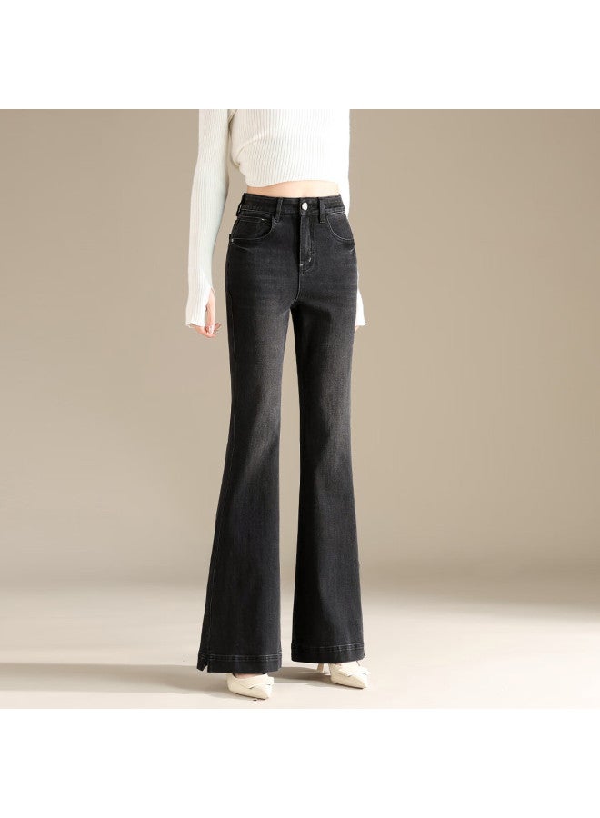 Rain.cun Vintage Black Grey Flared High-waist Slim Fit Stretch Denim Jeans For Women Autumn New Trousers - Image 1
