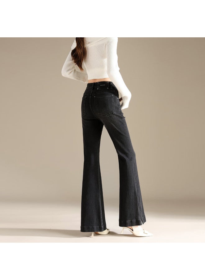 Rain.cun Vintage Black Grey Flared High-waist Slim Fit Stretch Denim Jeans For Women Autumn New Trousers - Image 2