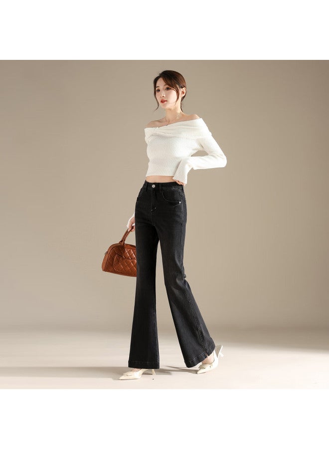 Rain.cun Vintage Black Grey Flared High-waist Slim Fit Stretch Denim Jeans For Women Autumn New Trousers - Image 4