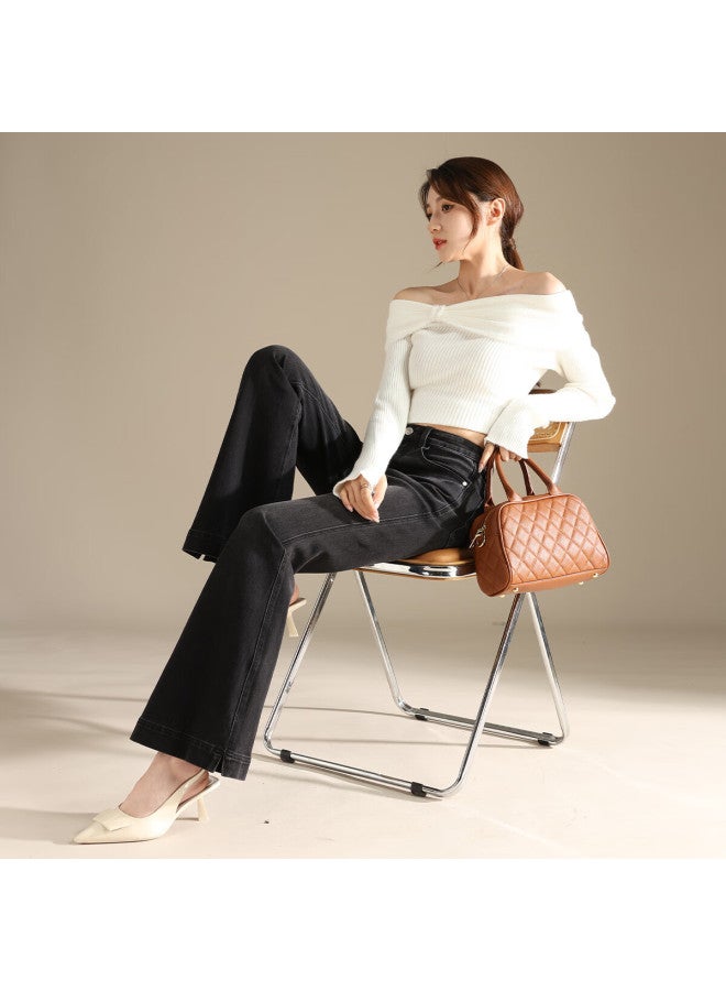 Rain.cun Vintage Black Grey Flared High-waist Slim Fit Stretch Denim Jeans For Women Autumn New Trousers - Image 5