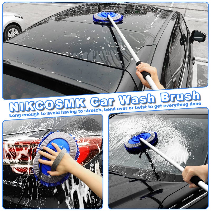 NIKCOSMK 62'' Car Wash Brush Kit Mitt Mop Sponge with Long Handle, 1 Chenille Scratch-Free Replacement Head, Windshield Window Squeegee,Car Duster,Car Detailing Brushes,Tower,Car Cleaning Kit for Cars RV Truck - Image 2