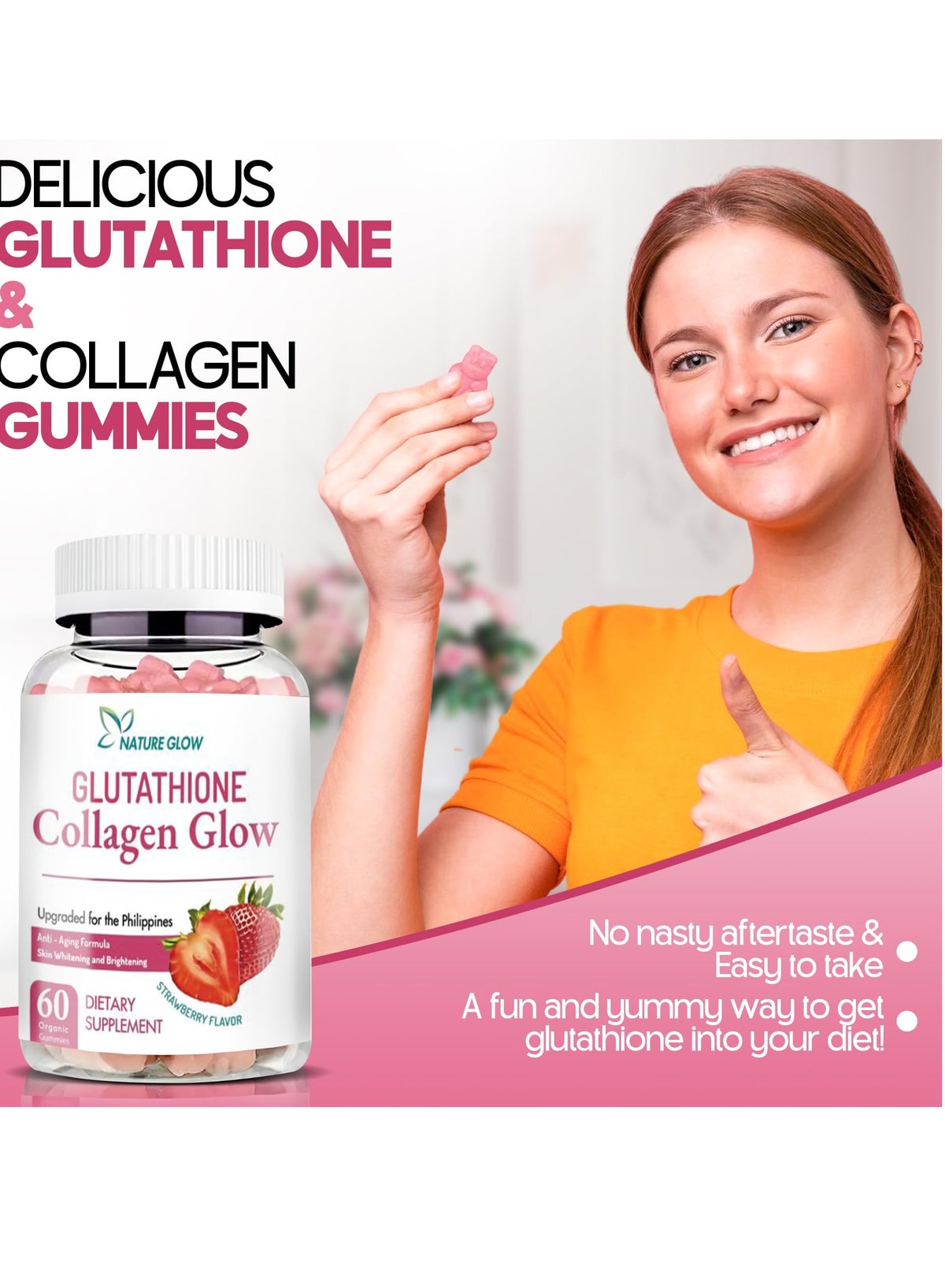 NATURE GLOW Nature Glow Glutathione Collagen Glow – 60 Strawberry Gummies for Skin Whitening & Anti-Aging | Glowing Skin Dietary Supplement | Best Price Kuwait