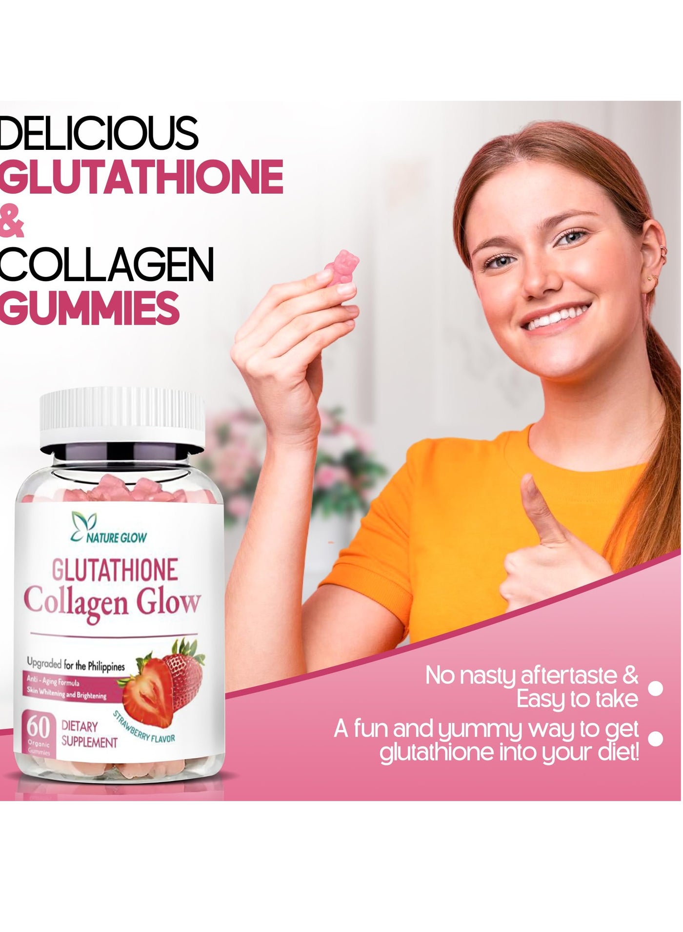 Nature Glow Glutathione Collagen Glow – 60 Strawberry Gummies for Skin Whitening & Anti-Aging