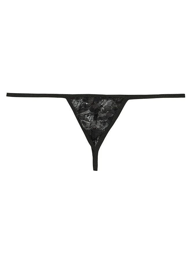 Clovia Clovia Sheer Self-Patterned Babydoll in Black with Thong - Lace