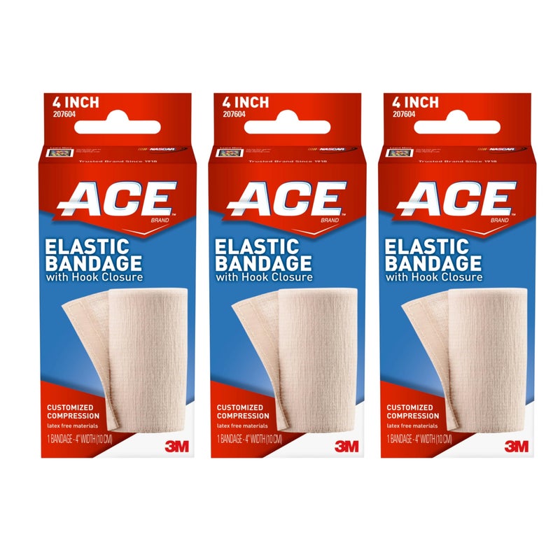 ACE Elastic Bandage with Hook Closure 4 Inches Wide Pack of 3 Adjustable Compression Wraps for Injury Support and Recovery