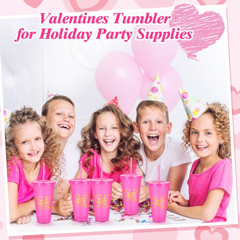 Hsei 24 Pcs Valentine's Day 24 oz Plastic Cups with Lids and Straws Reusable Glitter Tumblers Cups Travel Mug Bulk for Valentines Galentines Cold Drinks Birthday Wedding Coffee Party Favor(Hot Pink) - Image 4