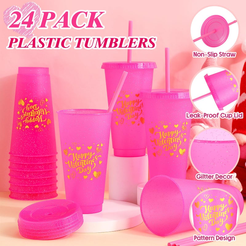 Hsei 24 Pcs Valentine's Day 24 oz Plastic Cups with Lids and Straws Reusable Glitter Tumblers Cups Travel Mug Bulk for Valentines Galentines Cold Drinks Birthday Wedding Coffee Party Favor(Hot Pink) - Image 3