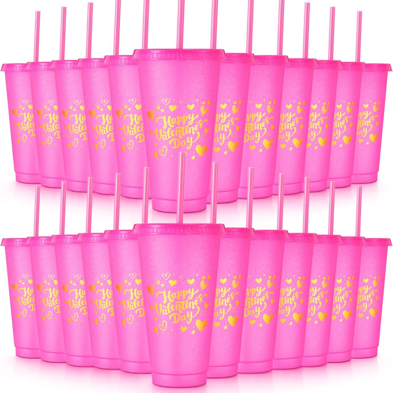 Hsei 24 Pcs Valentine's Day 24 oz Plastic Cups with Lids and Straws Reusable Glitter Tumblers Cups Travel Mug Bulk for Valentines Galentines Cold Drinks Birthday Wedding Coffee Party Favor(Hot Pink) - Image 1