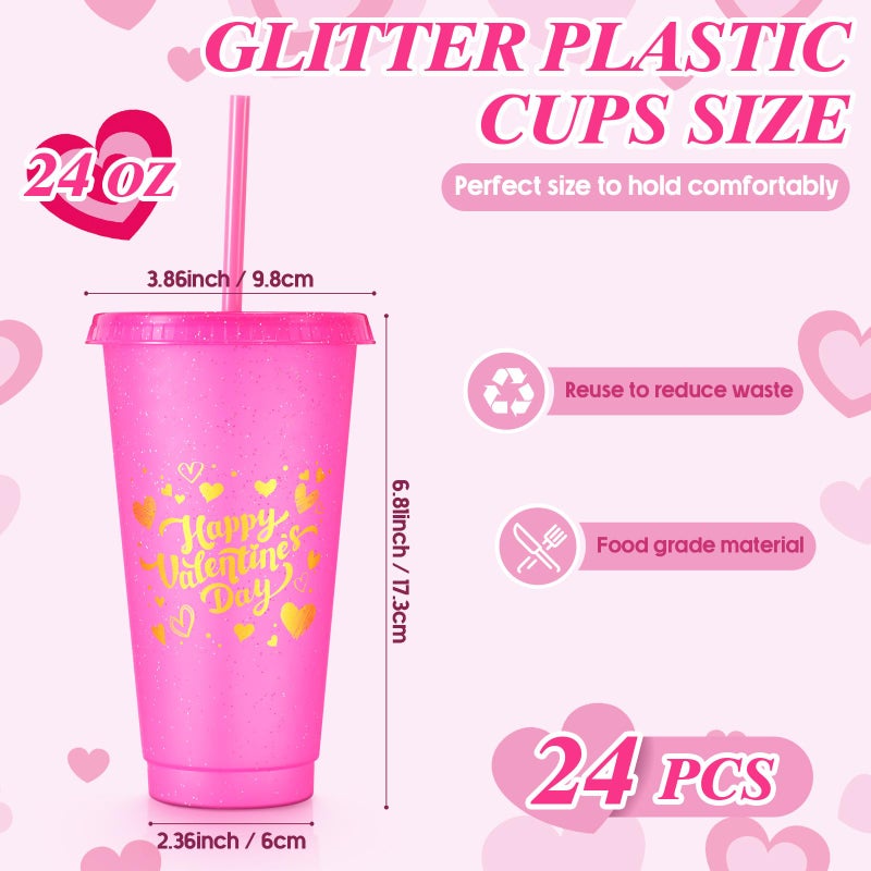 Hsei 24 Pcs Valentine's Day 24 oz Plastic Cups with Lids and Straws Reusable Glitter Tumblers Cups Travel Mug Bulk for Valentines Galentines Cold Drinks Birthday Wedding Coffee Party Favor(Hot Pink) - Image 2