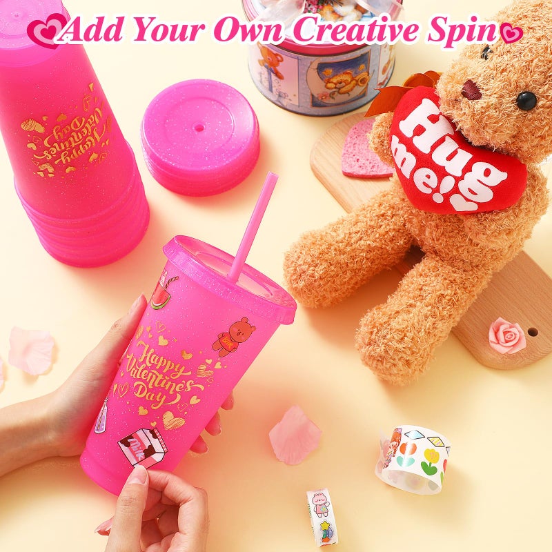 Hsei 24 Pcs Valentine's Day 24 oz Plastic Cups with Lids and Straws Reusable Glitter Tumblers Cups Travel Mug Bulk for Valentines Galentines Cold Drinks Birthday Wedding Coffee Party Favor(Hot Pink) - Image 5
