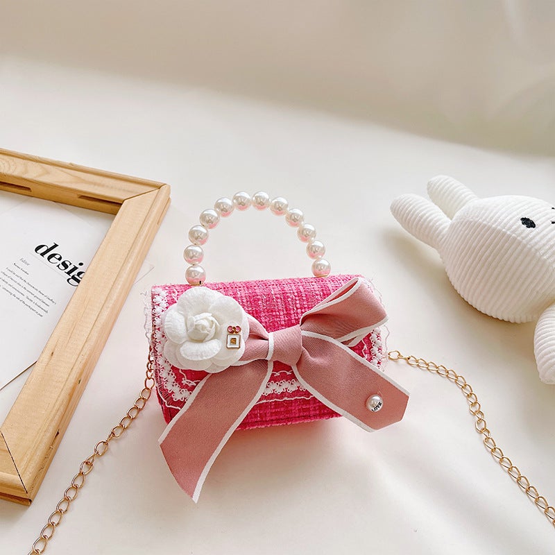Wholesale Childrens Bag Texture Fashionable Girl Decorative Bag Korean Style Chanel Bow Little Girl Crossbody BagSmall flower bow Rose Red Small flower bow Rose Red