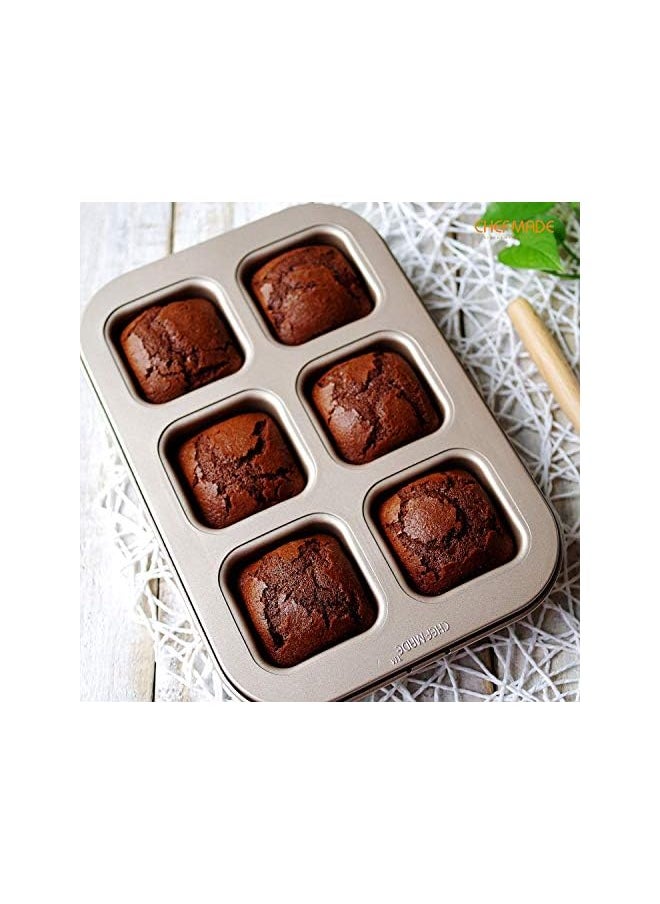 chefmade - Brownie Cake Pan, 6-Cavity Non-Stick Square Muffin Pan Blondie Bakeware for Oven Baking (Champagne Gold) - Image 1