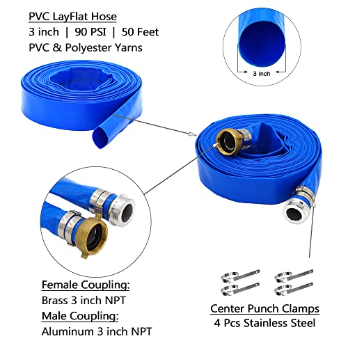 DAVCO 3" ID × 50 ft Pool Backwash Hose, Heavy Duty Reinforced Blue PVC Lay Flat Water Discharge Pump Hoses For Swimming Drain Pools and Clean Filters, With Aluminum Pin Lug Fittings - Image 3