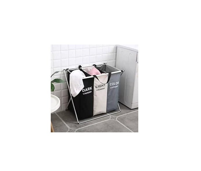Foldable 3-Section Laundry Sorter Basket with Aluminum Frame, Laundry Organizer - Image 2