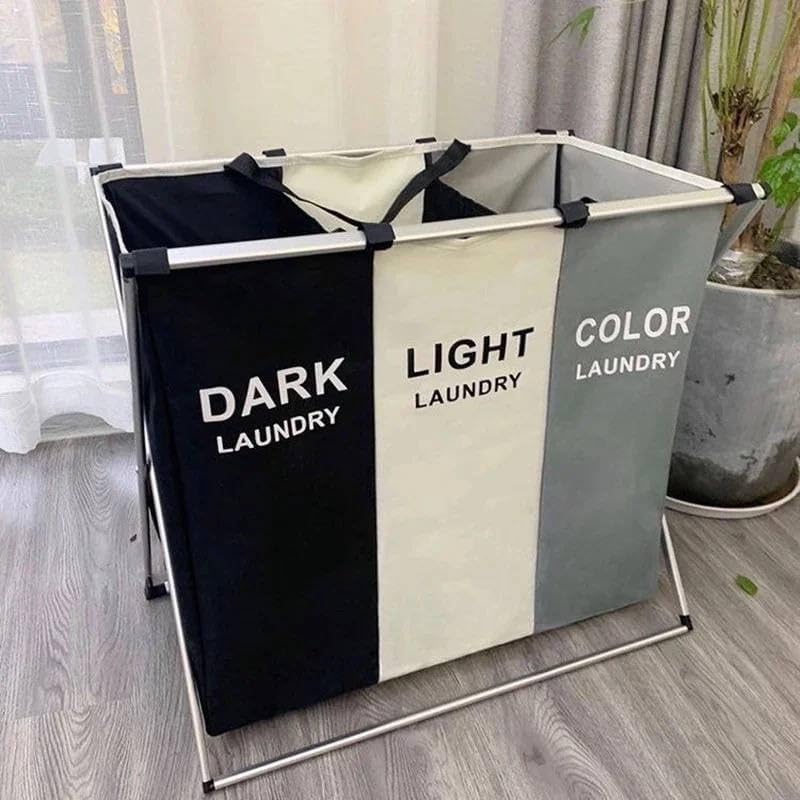 Foldable 3-Section Laundry Sorter Basket with Aluminum Frame, Laundry Organizer - Image 4