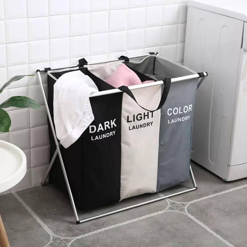 Foldable 3-Section Laundry Sorter Basket with Aluminum Frame, Laundry Organizer - Image 3