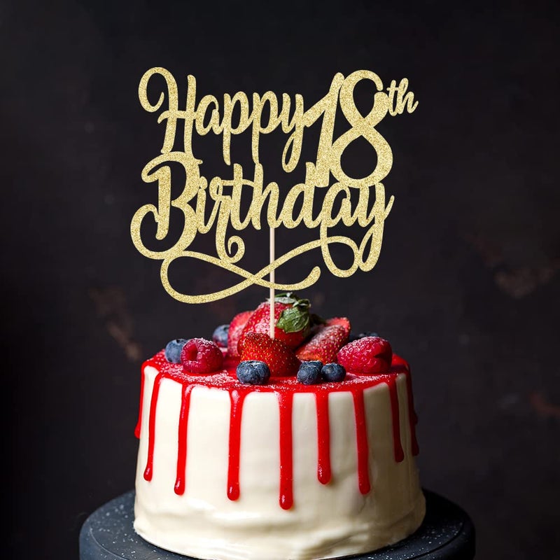 Qertesl Gold Glitter Happy 18th Birthday Cake Topper Cheers to 18 Years happy 18th Birthday Cake Topper 18th Anniversary Cake Topper  men and women 18 years old happy birthday Party Decoration - Image 1