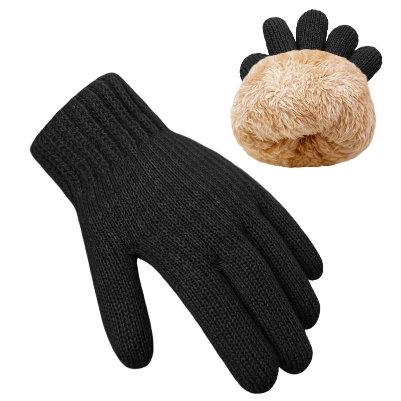 HOPSOOKEN Kids Winter Gloves for Boys Girls Fleece Knitted Warm Snow Gloves Thermal Children Mittens 5-10 years(Black) - Image 1