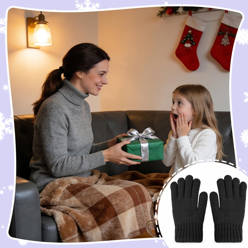 HOPSOOKEN Kids Winter Gloves for Boys Girls Fleece Knitted Warm Snow Gloves Thermal Children Mittens 5-10 years(Black) - Image 5
