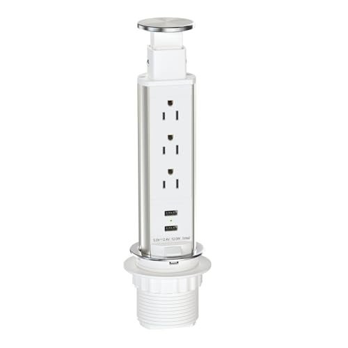 Kungfuking مخرج طاقة قابل للسحب للطاولة، شريط طاقة مع 3 مآخذ AC و 2 منفذ USB، مخرج طاقة قابل للسحب، مخرج مدمج بفتحة 2.5 بوصة لمطبخ الطاولة أو مكتب المؤتمرات، أبيض - Image 1