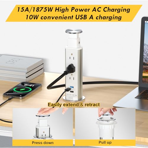 Kungfuking مخرج طاقة قابل للسحب للطاولة، شريط طاقة مع 3 مآخذ AC و 2 منفذ USB، مخرج طاقة قابل للسحب، مخرج مدمج بفتحة 2.5 بوصة لمطبخ الطاولة أو مكتب المؤتمرات، أبيض - Image 3