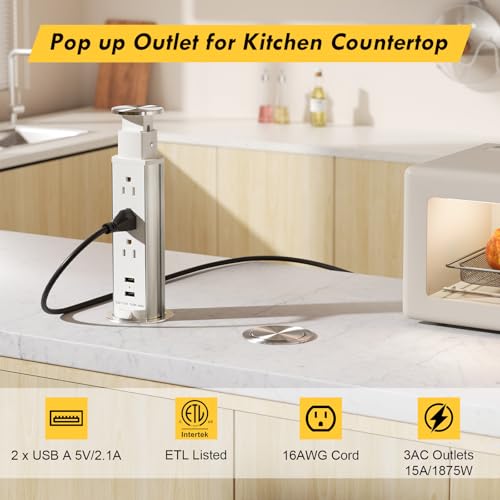 Kungfuking مخرج طاقة قابل للسحب للطاولة، شريط طاقة مع 3 مآخذ AC و 2 منفذ USB، مخرج طاقة قابل للسحب، مخرج مدمج بفتحة 2.5 بوصة لمطبخ الطاولة أو مكتب المؤتمرات، أبيض - Image 2