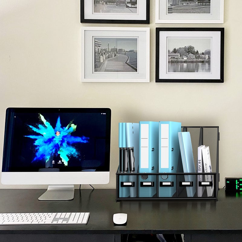 SUPEASY Desk Organizers Metal Desk Magazine File Holder with 16''x12''x12'' 5 Vertical Compartments Rack File Organizer for Office Desktop, Home Workspace, Black Plus - Image 2