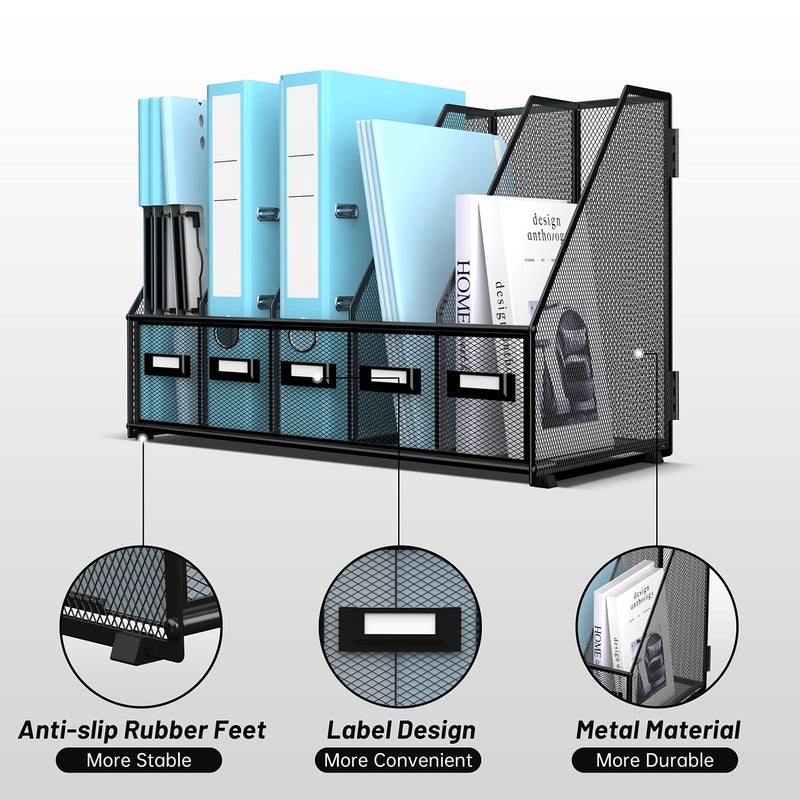 SUPEASY Desk Organizers Metal Desk Magazine File Holder with 16''x12''x12'' 5 Vertical Compartments Rack File Organizer for Office Desktop, Home Workspace, Black Plus - Image 4