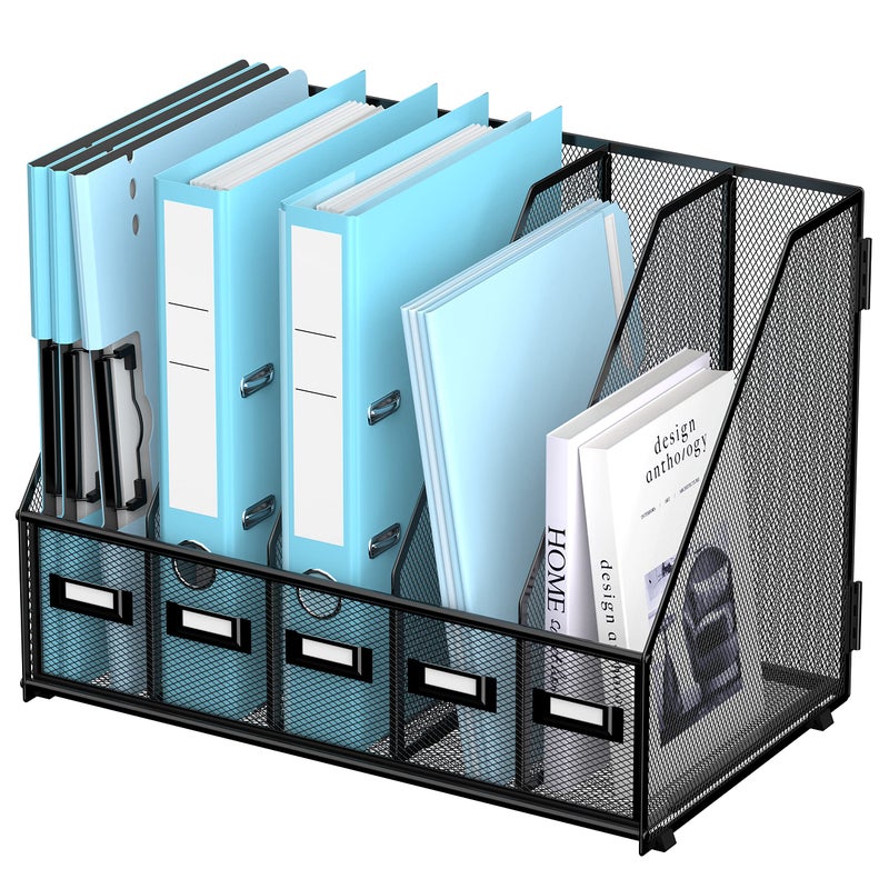 SUPEASY Desk Organizers Metal Desk Magazine File Holder with 16''x12''x12'' 5 Vertical Compartments Rack File Organizer for Office Desktop, Home Workspace, Black Plus - Image 1