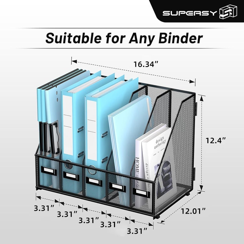SUPEASY Desk Organizers Metal Desk Magazine File Holder with 16''x12''x12'' 5 Vertical Compartments Rack File Organizer for Office Desktop, Home Workspace, Black Plus - Image 3