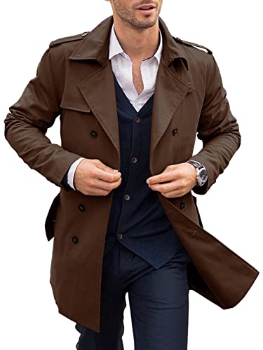 PASLTER Mens Trench Coat Notched Lapel Double Breasted Long Jacket Windbreaker Overcoat Pea Coat - Image 1