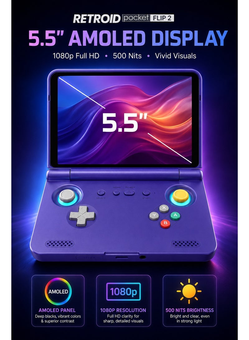 جيب الرجعية جهاز ألعاب Retroid Pocket Flip 2 المحمول، شاشة AMOLED مقاس 5.5 بوصة بدقة 1080 بكسل، معالج Snapdragon 865، عصي تحكم بتقنية Hall Effect، نظام Android 13، بطارية 5000 مللي أمبير، جهاز ألعاب محمول، لون بنفسجي GC - Image 3