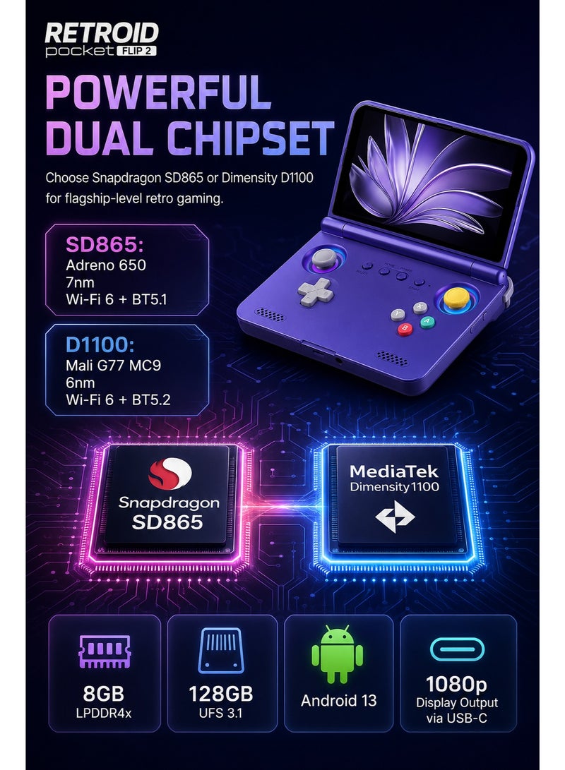 جيب الرجعية جهاز ألعاب Retroid Pocket Flip 2 المحمول، شاشة AMOLED مقاس 5.5 بوصة بدقة 1080 بكسل، معالج Snapdragon 865، عصي تحكم بتقنية Hall Effect، نظام Android 13، بطارية 5000 مللي أمبير، جهاز ألعاب محمول، لون بنفسجي GC - Image 2