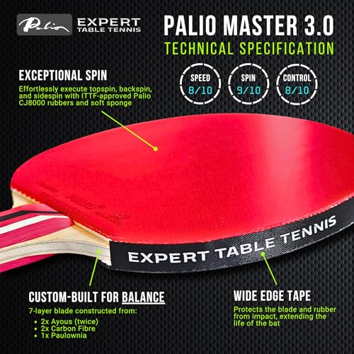 Expert Table Tennis Palio Master 3.0 Table Tennis Bat & Case | ITTF-Approved Intermediate Ping Pong Racket | Allround Speed, Spin and Control (Set of 2 Rackets) - Image 3