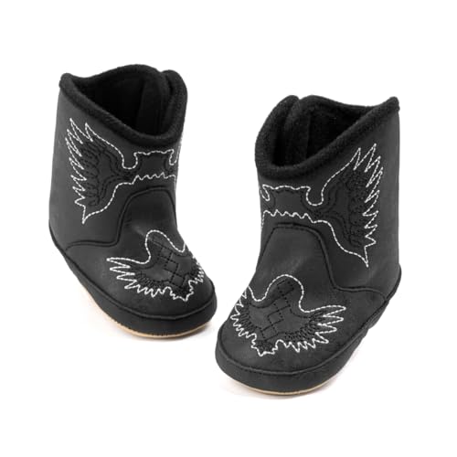 HsdsBebe Baby Boys Girls Western Cowboy Boots Infant Moccasins High Top Booties Toddler Soft Sole Non-Slip First Walker Crib Shoes(ZZY3167 black,2) - Image 1