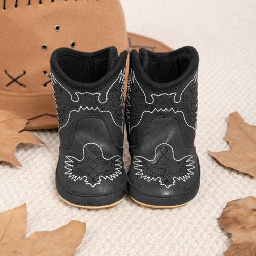 HsdsBebe Baby Boys Girls Western Cowboy Boots Infant Moccasins High Top Booties Toddler Soft Sole Non-Slip First Walker Crib Shoes(ZZY3167 black,2) - Image 3