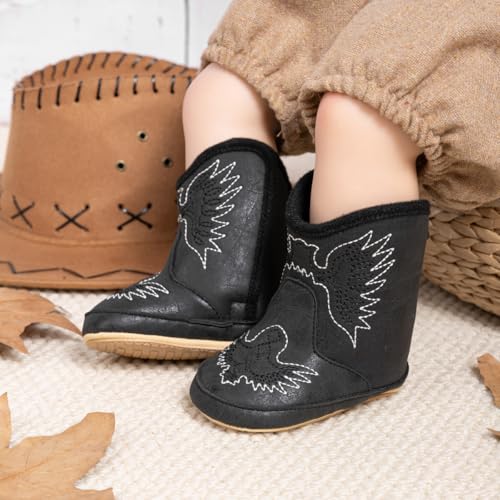 HsdsBebe Baby Boys Girls Western Cowboy Boots Infant Moccasins High Top Booties Toddler Soft Sole Non-Slip First Walker Crib Shoes(ZZY3167 black,2) - Image 2