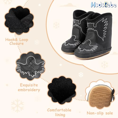 HsdsBebe Baby Boys Girls Western Cowboy Boots Infant Moccasins High Top Booties Toddler Soft Sole Non-Slip First Walker Crib Shoes(ZZY3167 black,2) - Image 5