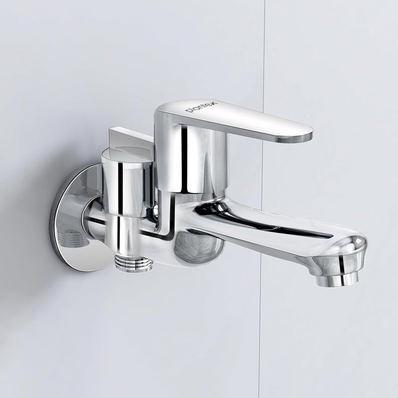 Plantex Pure Brass 2 in 1 Tap for Washing Machine2Way Bib Cock for Bathroom with Brass Wall Flange Teflon Tape DOL2305 Chrome - Image 1