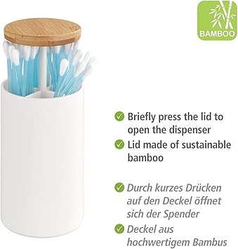 WENKO Laresa Cotton Bud Holder Storage for Cotton Buds up to 78 cm Long with Sustainable Bamboo Lid Cosmetic Pad Dispenser Made of Plastic - Image 2