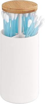 WENKO Laresa Cotton Bud Holder Storage for Cotton Buds up to 78 cm Long with Sustainable Bamboo Lid Cosmetic Pad Dispenser Made of Plastic - Image 1