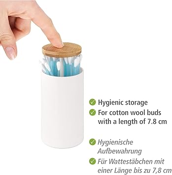 WENKO Laresa Cotton Bud Holder Storage for Cotton Buds up to 78 cm Long with Sustainable Bamboo Lid Cosmetic Pad Dispenser Made of Plastic - Image 3