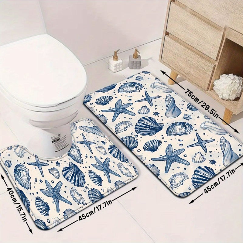 2pcs 3pcs Blue Starfish Shell Pattern Bathroom Floor Mat Set Strong Absorbency U Shaped Toilet Mat 15.75 Inch By 23.62 Inch And U 15.75 Inch By 19.69 Inch For Kitchen Bathroom Door Bedroom Carpet Outdoor Entryway Laundry Room Shower Indoor Mat - Image 5